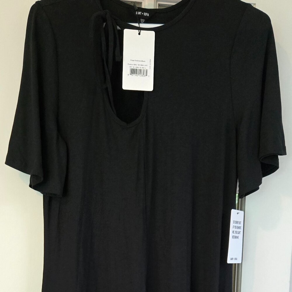 Saint + Sofia Freya Tie Dress - Black midi dress with a flutter sleeve